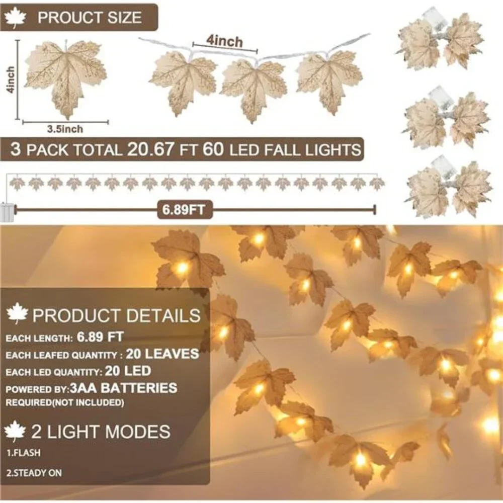 3Pack Fall Decor-Fall Garland with Lights Thanksgiving Fall Decorations for Home
